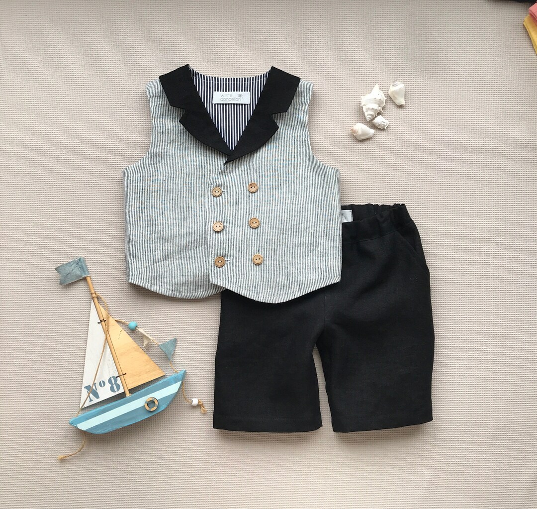 Boys Linen Outfit Toddler Boy Linen Suit Double Breasted Wasitcoat With