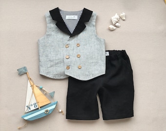 Boys linen outfit Toddler boy linen suit Double breasted wasitcoat with lapel collar Boys linen shorts Ring bearer outfit Page boy suit