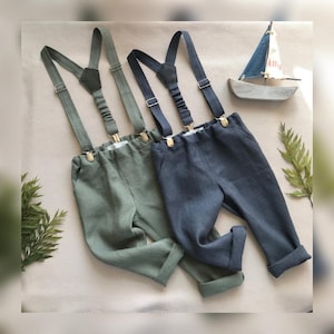 Boys suspender pants set, Boys natural linen pants Page boy pants, Beach wedding  outfit holiday trousers, Boys baptism outfit