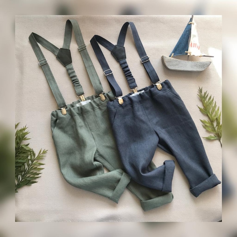Boys linen outfit Baptism outfit, Natural suspender pants, Boys linen bow tie set, Boys holiday outfit Natural linen trousers Wedding outfit image 4