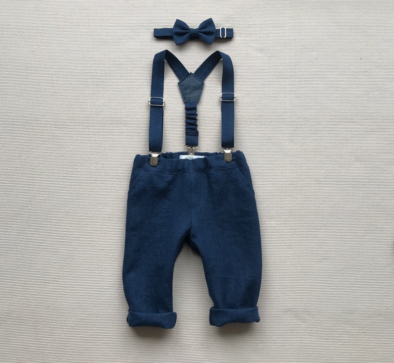 Boys linen outfit Baptism outfit, Natural suspender pants, Boys linen bow tie set, Boys holiday outfit Natural linen trousers Wedding outfit image 2