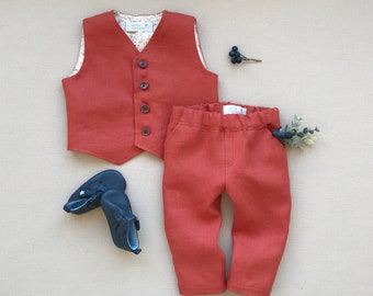 Baby boy linen outfit Boys linen vest and pants set Toddler boy linen suit Page boy linen outfit Baptism suit Christening outfit Terracotta