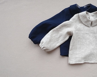 Baby boy linen shirt with collar, Toddler boy navy linen top with long sleeves, Ring bearer shirt special occasion blouse