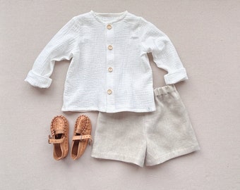 Natural baby clothing gift set, Organic cotton baby shirt, Natural linen shorts, Boys muslin shirt and linen shorts set, Gifts for kids