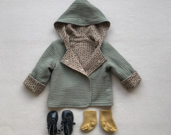 Reversible baby boy hooded cardigan Muslin jacket with hood Baby spring coat 2 tone cardigan Neutral gender Summer blazer