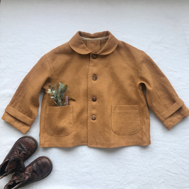 Boys linen jacket Toddler linen coat Linen blazer Coat for spring Summer light jacket Mustard blazer Girls linen coat with collar image 3