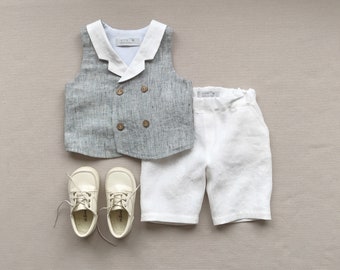 Boys linen outfit Linen vest and shorts set Double breasted vest with lapel colar Toddler boy linen shorts Boys linen waistcoat Page boy set