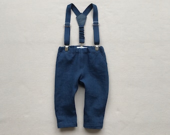 Baby boy linen pants with suspenders Navy linen trousers Toddler boy navy outfit Ring bearer outfit Page boy outfit Classic pants Suspender