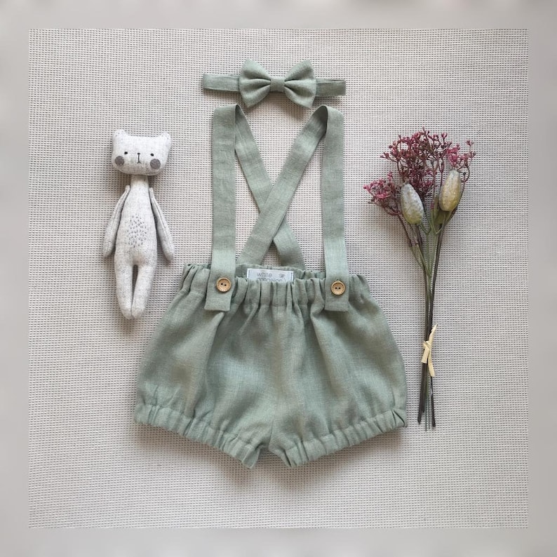 Baby outfit Boys linen suspender shorts Cake smash outfit Boys linen bow tie Baby boy christening gown Baptism suit Baby linen bloomers image 1