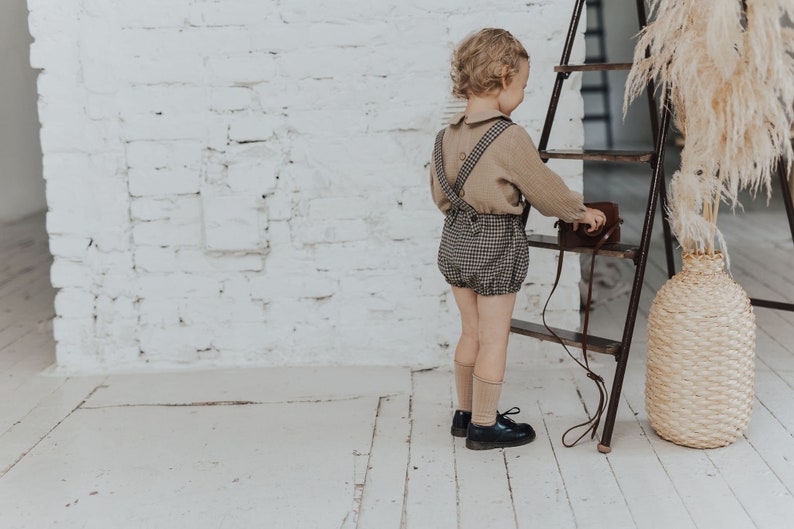 Baby boy outfit Muslin shirt with collar Wool bloomers with straps Toddler clothes Neutral gender shirt Toddler boy outfit Ring bearer set image 4