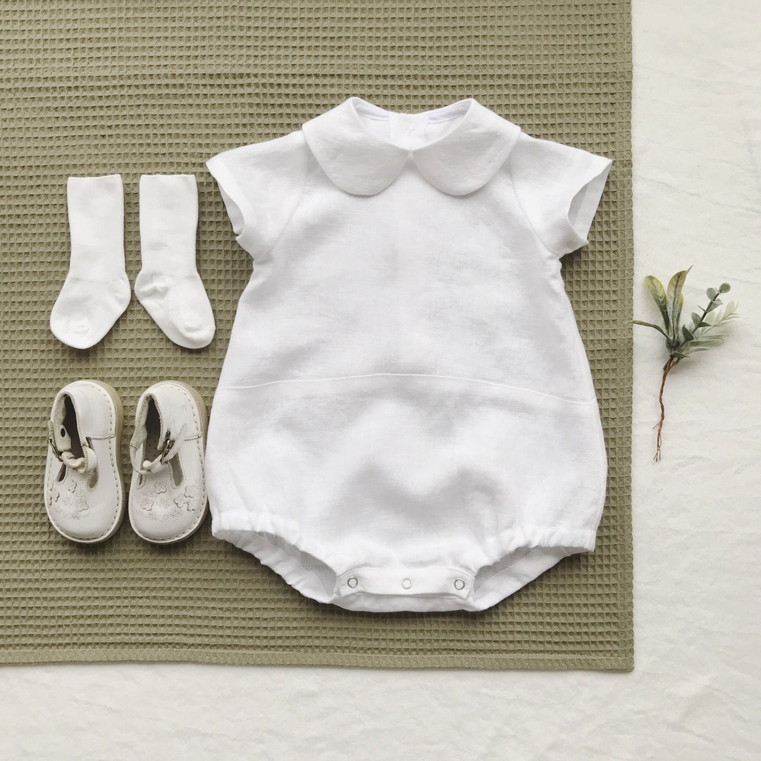 Baby Boy White Romper Linen Overall Christening Outfit Baby Etsy
