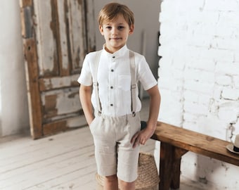 Jungen-Hosenträger-Shorts. Kleinkind-Leinen-Shorts. Baby-Jungen-Shorts mit Hosenträgern. Page-Boy-Outfit, Ringträger-Anzug, Jungen-Sommer-Shorts