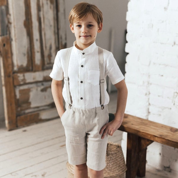 Boys suspender shorts Toddler linen shorts Baby boy shorts with suspenders Page boy outfit Ring bearer suit Boys summer shorts