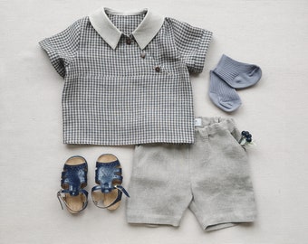 Ensemble de lin pour bébé garçon Ensemble chemise et short en lin Tenue enfant garçon ilnen Chemise à manches courtes avec col Tenue d'été pour garçon Tenue garçon Page