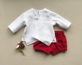 Baby white shirt and red shorts set Baby boy outfit Baby linen set Long sleeve linen shirt Baby red bloomers Boho style