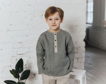 Boys linen shirt checkered, Toddler boy linen top with long sleeves, Boho style shirt gingham linen shirt for special occasion