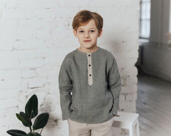 Chemise en lin à carreaux pour garçon, haut en lin pour tout-petit à manches longues, chemise en lin vichy de style bohème pour une occasion spéciale