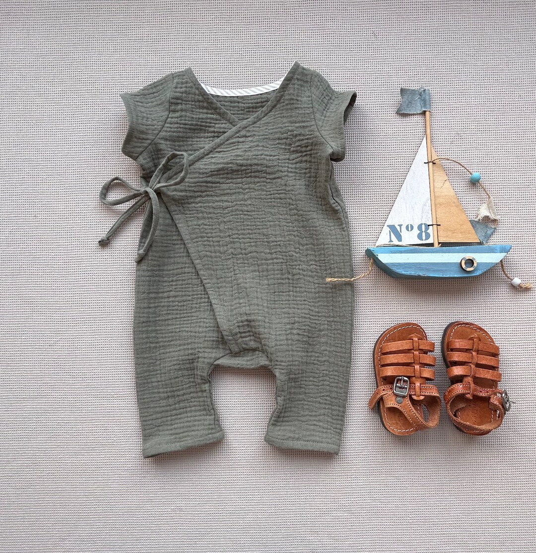 Baby Muslin Romper Baby First Outfit, Baby Boy Wrap Romper Organic Cotton, Baby Girl Overall