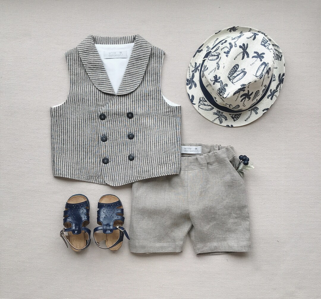 Boys Linen Outfit Toddler Boy Linen Vest and Shorts Set Double Breasted