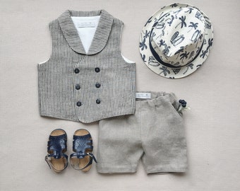 Boys linen outfit Toddler boy linen vest and shorts set Double breasted waistcoat with lapel collar Boys linen suit Page boy outfit