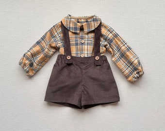 Baby boy outfit Muslin shirt with collar and puss sleeves Baby boy velvet shorts with suspenders Boys shorts for winter Wedding outfit