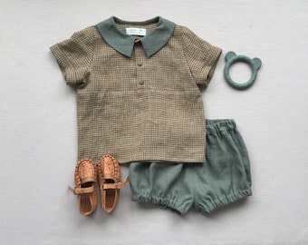 Baby boy outfit Toddler boy linen suit Linen shirt with collar and bloomers set Gingham shirt Natural linen se Boys linen shorts