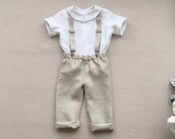 Boys linen outfit Baby boy baptism suit Ring bearer outfit Boys linen shirt Boys linen suspender pants set Beach weadding