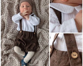 Baby boy outfit Wool bloomers with straps Peter Pan collar top Toddler boy suspender shorts Page boy outfit Baby white muslin top