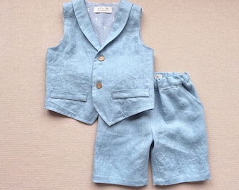 Light blue linen suit for boys, toddler boy linen outfit Boys linen vest and linen shorts set, Ring nearer oufit, Page boy suit