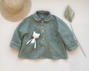 Boys linen jacket Toddler girl linen cardigan Baby boy linen blazer Llight summer jacket with collar Peter pan collar blazer Sage green