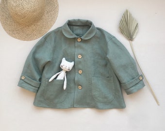 Jungen Leinenjacke Kleinkind Mädchen Leinen Strickjacke Baby Jungen Leinen Blazer Leichte Sommerjacke mit Kragen Peter Pan Kragen Blazer Salbeigrün