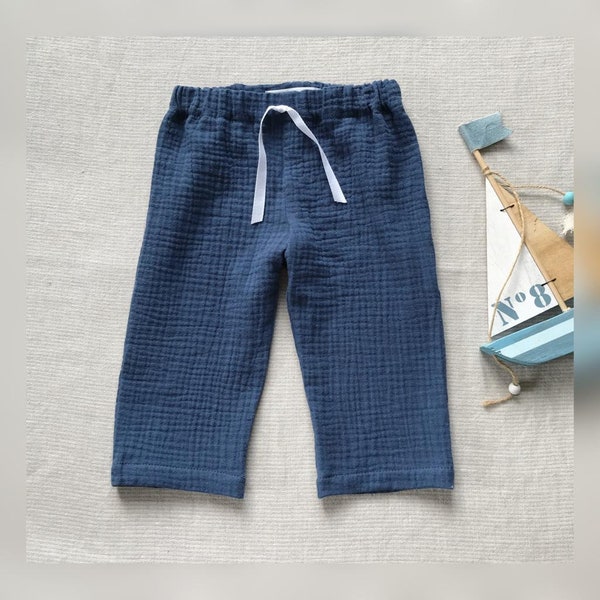 Pantalon bébé garçon Pantalon en mousseline Pantalon d'été pour tout-petit garçon Vêtements en double gaze Jeans de mariage sur la plage Pantalon bleu Pantalon de genre neutre