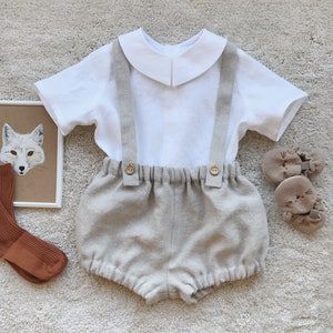 toddler boy outfit, suspender shorts set, baby boy linen set, page boy set, beach wedding outfit, christening outfit, sustainable clothes, beach wedding outfit, baby baptism outfit, boys suspender shorts set, baby holiday outfit, white linen shirt