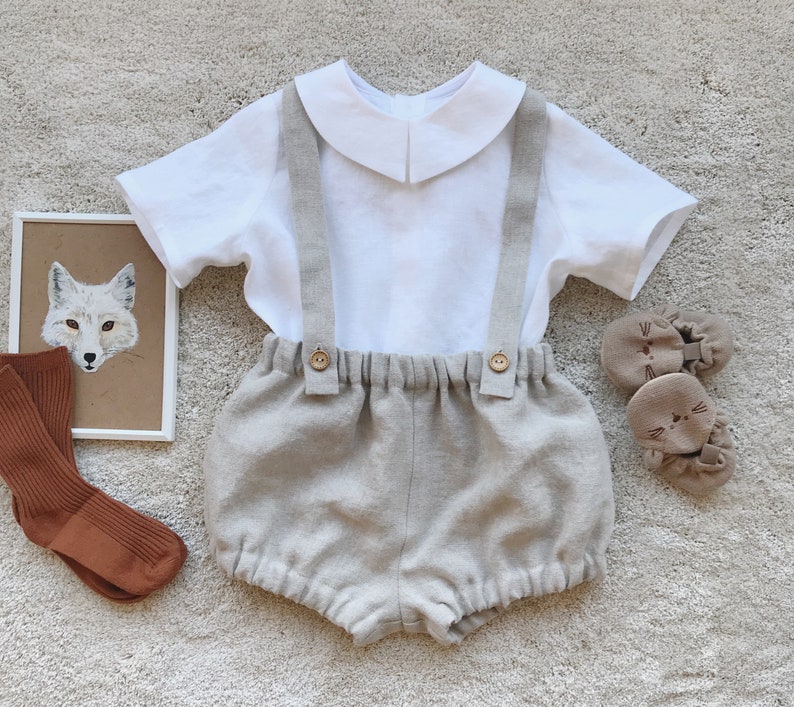 toddler boy outfit, suspender shorts set, baby boy linen set, page boy set, beach wedding outfit, christening outfit, sustainable clothes, beach wedding outfit, baby baptism outfit, boys suspender shorts set, baby holiday outfit, white linen shirt