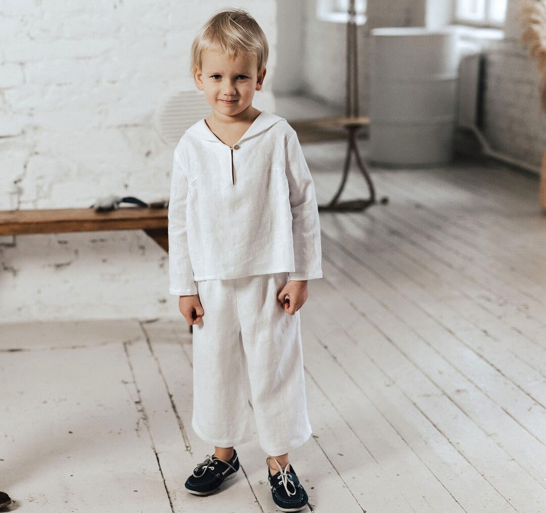 Boys Linen Outfit White Linen Shirt and Pants Set Sailor Collared Shirt