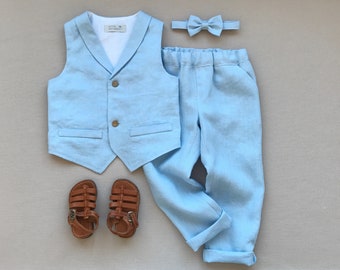 Boys linen suit Boys linen vest with lapel collar Boys classy pants Boys linen trousers Light blue boys outfit Ring bearer linen suit