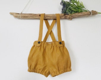 Baby boy suspender shorts Boys linen bloomes Shorts with braces Toddle boy shorts with straps Baby diaper cover Ocher linen shorts