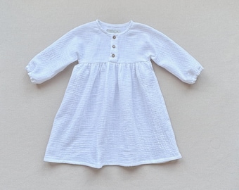 Robe blanche pour bébé fille Robe en mousseline bio Robe pour tout-petits, Robe de demoiselle d'honneur en mousseline, Robe d'été en mousseline blanche et Cadeau pour fille