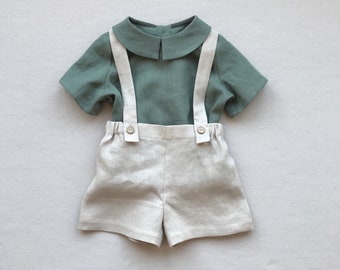 Baby boy linen shorts and shirt set, Toddler boy linen outfit Page boy outfit, Boys baptism outfit Beach wedding outfit