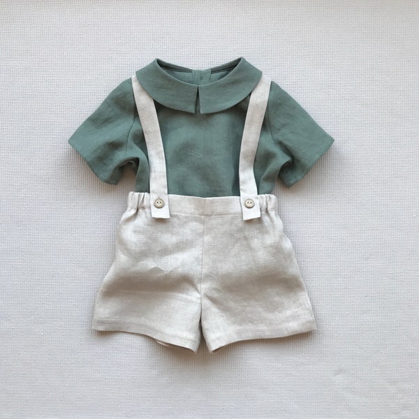 Ensemble chemise et short en lin pour bébé garçon, tenue en lin pour tout-petit garçon, tenue pour garçon page, tenue de baptême pour garçon, tenue de mariage sur la plage