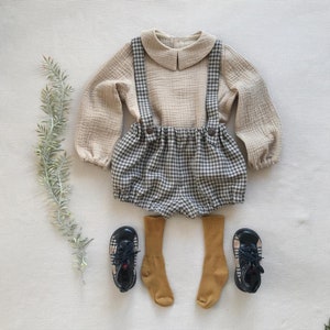 Baby boy outfit Muslin shirt with collar Wool bloomers with straps Toddler clothes Neutral gender shirt Toddler boy outfit Ring bearer set image 2