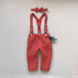 Boys linen outfit Baptism outfit, Natural suspender pants, Boys linen bow tie set, Boys holiday outfit Natural linen trousers Wedding outfit image 1