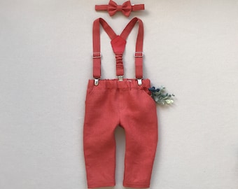Boys linen outfit Baptism outfit, Natural suspender pants, Boys linen bow tie set, Boys holiday outfit Natural linen trousers Wedding outfit