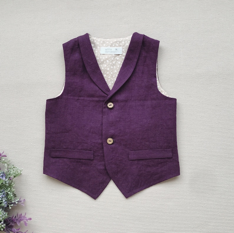 Boys linen outfit, linen suit, Ring bearer outfit, Page boy suit, Boys linen suit, Boys waistcoat with lapel collar, Boys vest and pants set, Purple linen suit