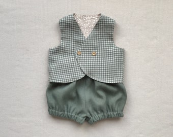 Tenue en lin bébé garçon gilet et culotte bouffante ensemble short en lin bébé gilet en lin tenue de baptême bébé tenue de mariage fête Birtdhay