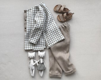 Boys linen shirt and pants set Long sleeve linen shirt Toddler boy linen outfit Ring bearer outfit Half button up shirt Summer gingham shirt