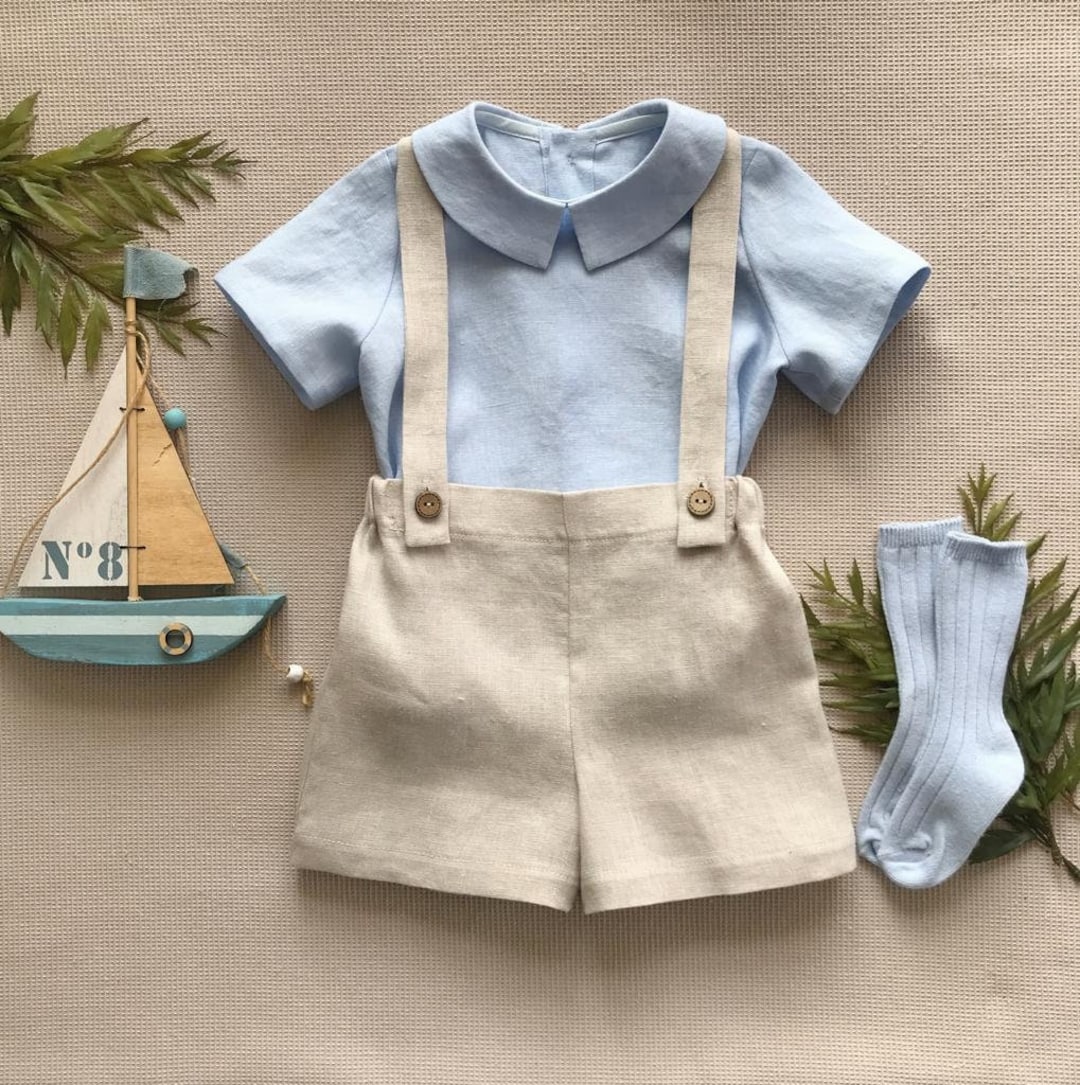 Baby Boy Linen Outfit Linen Shorts With Braces Collared Linen Shirt