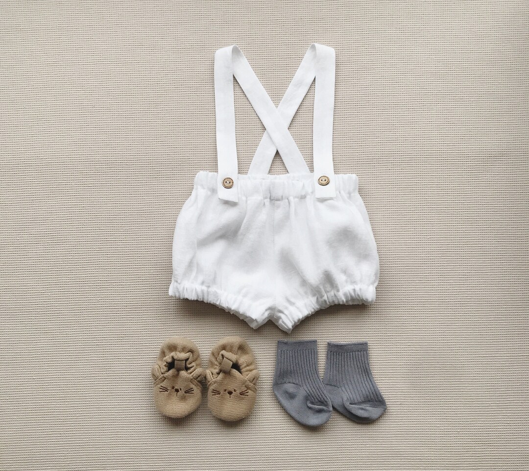 Baby White Outfit Baby Boy Linen Bloomers With Straps Baby Baptism