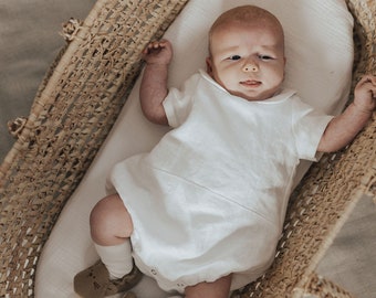 Baby romper White linen romper Baby boy overall Baby baptism gowen Christening outfit Baby girl romper Peter Pan collar romper