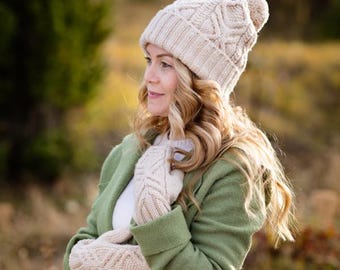 Patrón de tejido en PDF / Mitones y gorro Lenny de punto trenzado – Gorro, tejido a mano